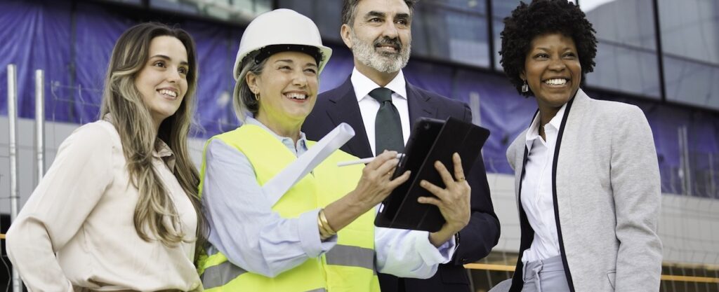 Architect using digital tablet with businesspeople at construction site